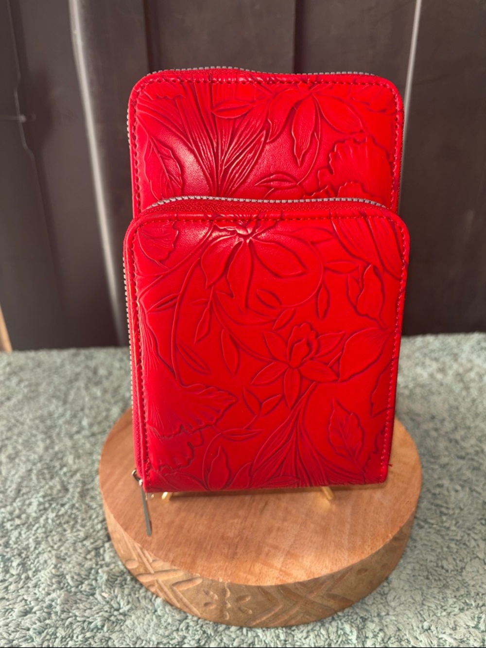 Embossed Floral Red Leather Phone Crossbody Wallet - Women NEW